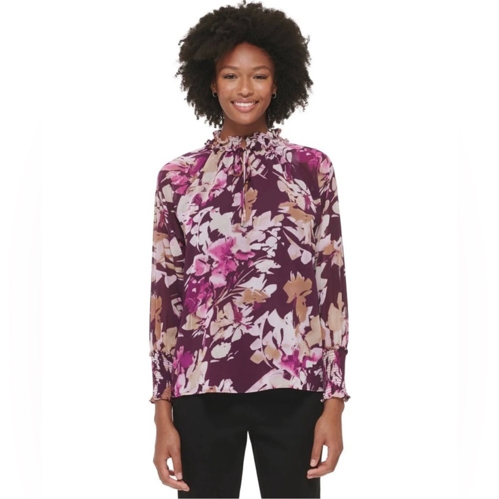Calvin Klein Printed Chiffon Peasant Blouse Women's Auburn Multicolor Size XS